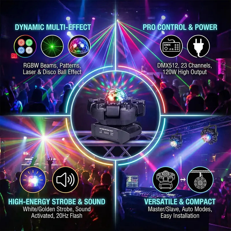 6 Arms Moving Head DJ Stage Lights, 6-in-1 RGBW LED Party Lights DMX512 Sound Activated Disco Stage Lighting for Party Wedding Club