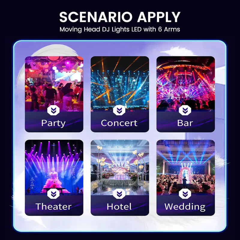 6 Arms Moving Head DJ Stage Lights, 6-in-1 RGBW LED Party Lights DMX512 Sound Activated Disco Stage Lighting for Party Wedding Club