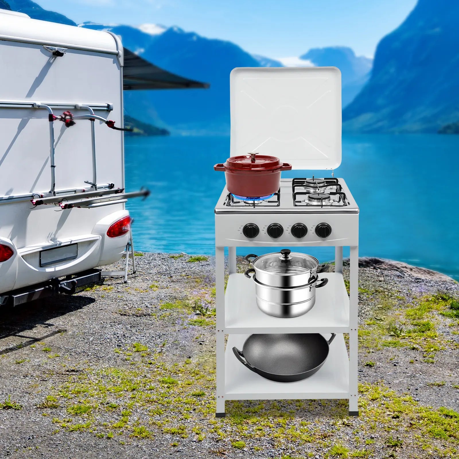 💥Clearance Sale 4 Burner Gas Stove 🔥 Portable Outdoor Cooktop 🍳 NG/LPG Ready 🏕️obs Manual Ignition for RV Travel Emergency Preparedness Family Use