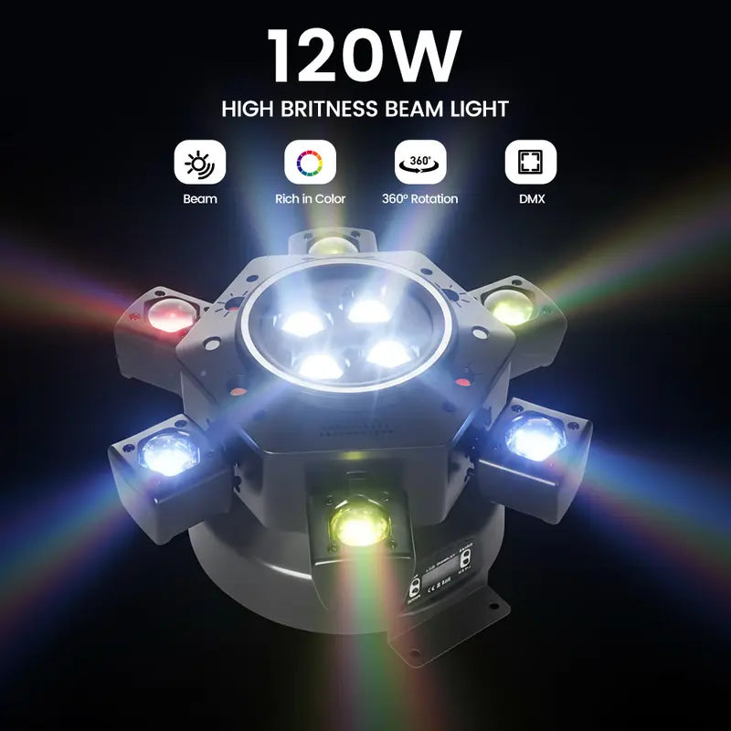 6 Arms Moving Head DJ Stage Lights, 6-in-1 RGBW LED Party Lights DMX512 Sound Activated Disco Stage Lighting for Party Wedding Club