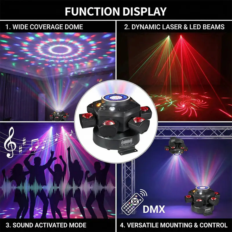 6 Arms Moving Head DJ Stage Lights, 6-in-1 RGBW LED Party Lights DMX512 Sound Activated Disco Stage Lighting for Party Wedding Club