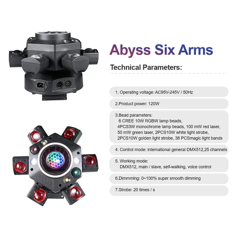 6 Arms Moving Head DJ Stage Lights, 6-in-1 RGBW LED Party Lights DMX512 Sound Activated Disco Stage Lighting for Party Wedding Club